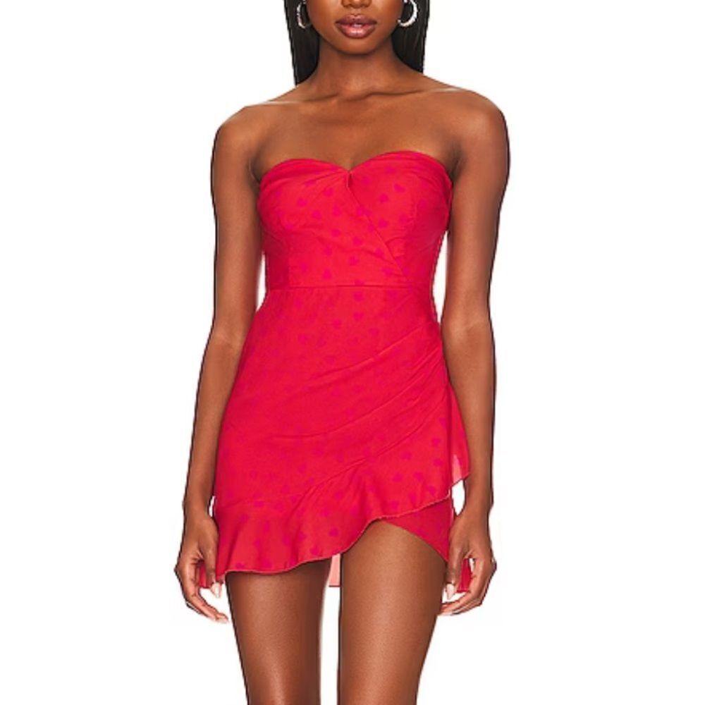 NWT More To Come Marcine Strapless Dress Red mini ruffle heart print Revolve XL
